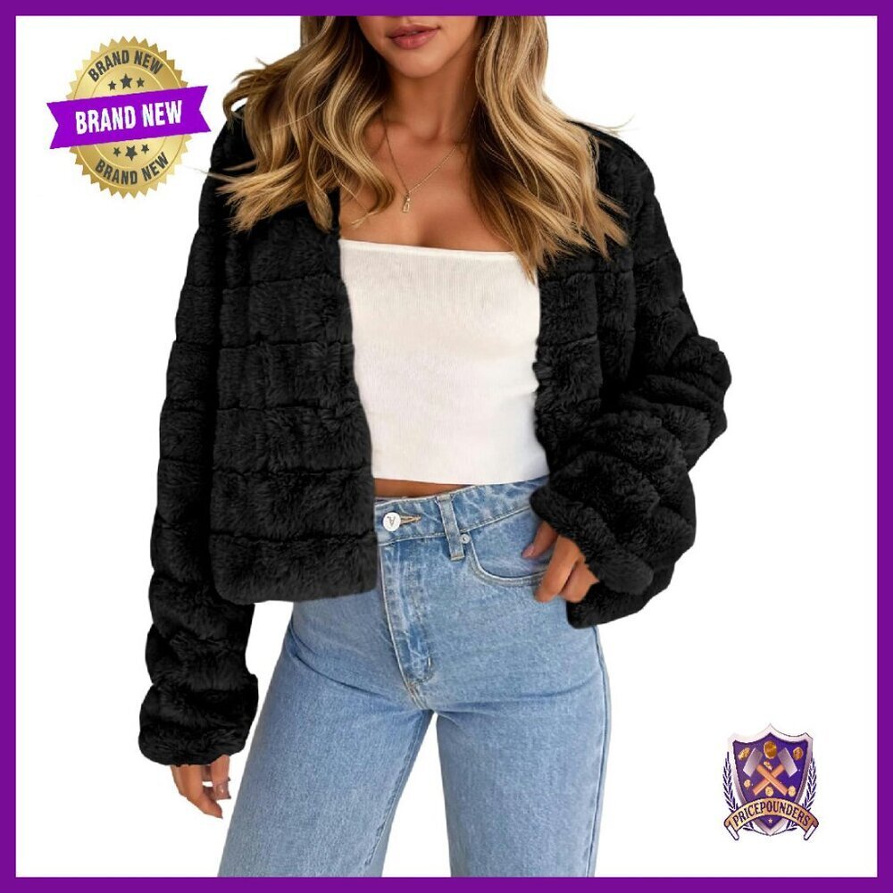 Cropped Faux Fur Jacket Long Sleeve Open Front Fluffy Coat